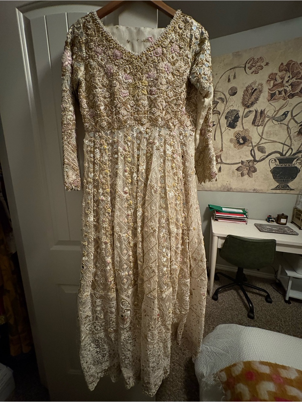 Ivory Beaded Long Sleeve Maxi Dress